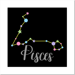 Pisces Zodiac Constellation in Pastels - Black Posters and Art